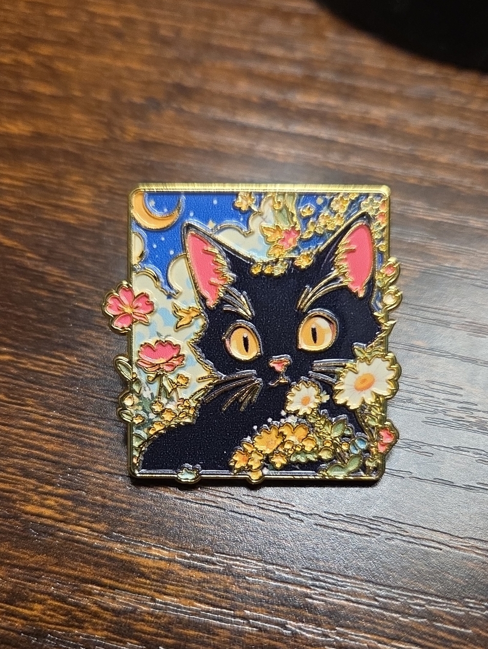 Black Cat Floral Enamel Pin - Decorative Cat Accessory